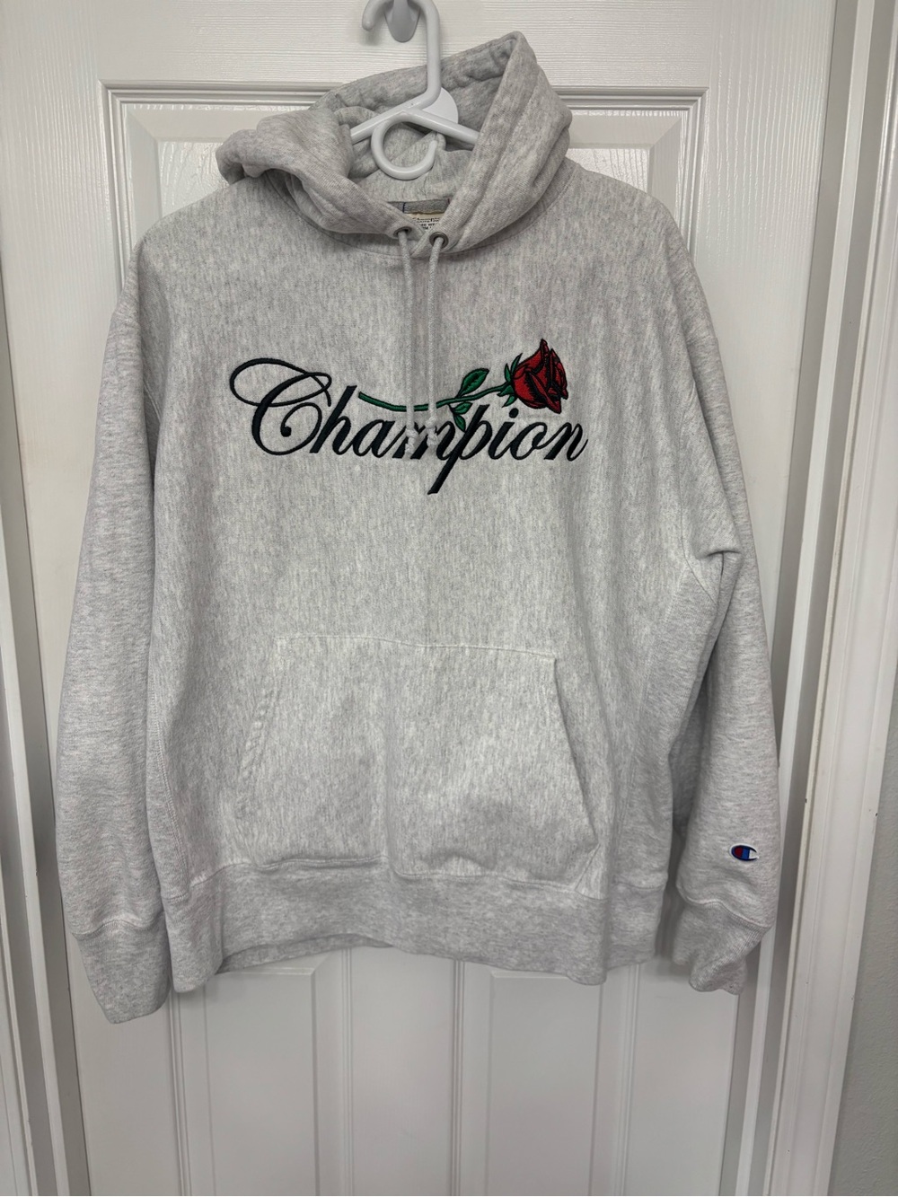 Champion Reverse Weave Rose Hoodie Grey Embroidered Large Streetwear